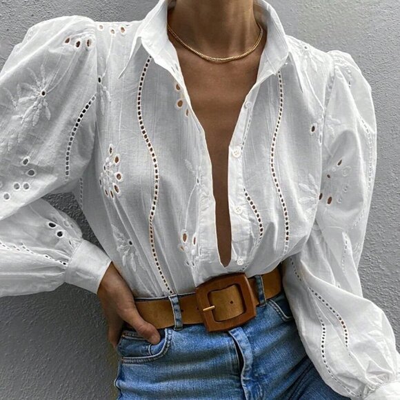 White Casual Women's Hollow Out Embroidery Button Front Long Sleeve Shirt - Picture 4 of 5
